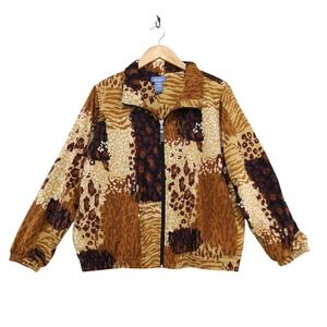 Vintage 90s Koret Sport Jacket Womens PL Brown Animal Print Patchwork Zip Up‎